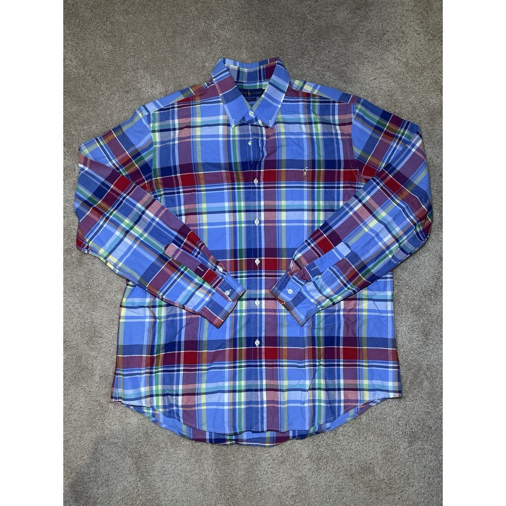 Polo Ralph Lauren Mens Classic Fit Blue Red Plaid Long Sleeve Button Up Sz XL TG